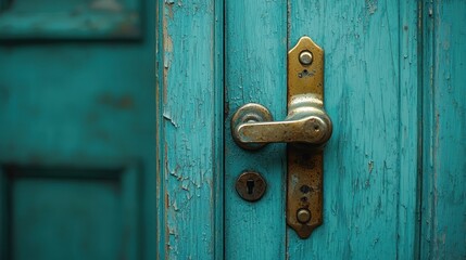 Fototapeta premium Teal door opening, brass handle, weathered wood, keyhole, blurry background