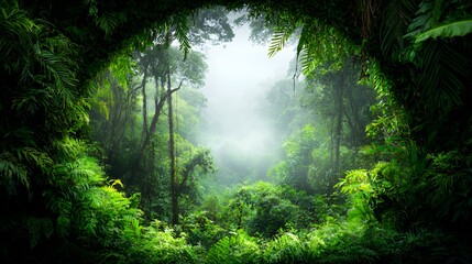 Obraz premium Lush Green Rainforest Landscape with Fog and Sunlight