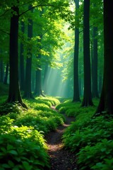 Obraz premium Evergreen foliage carpeting a winding forest path, nature, rampicante