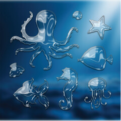 Transparent Glass Effect Underwater Animals Vector Illustration