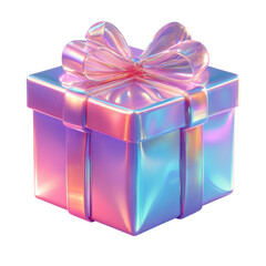 Obraz premium A colorful, glossy gift box adorned with a large bow, featuring a shimmering, iridescent finish, isolated on white background.