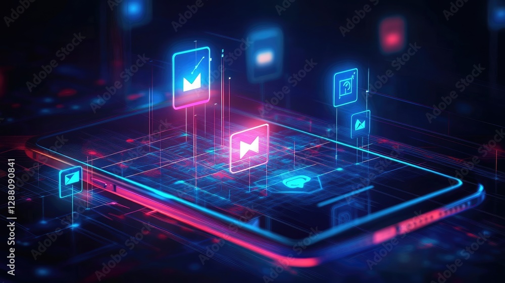 Poster digital networking and online technology, smartphone with holographic icons representing social medi