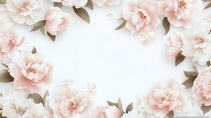 Fototapeta premium Elegant pastel floral border with soft pink blossoms and green leaves on a white background.