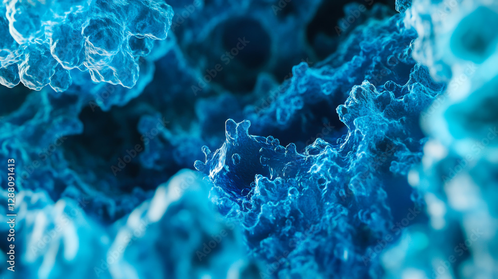 Poster microscopic view of blue and white cellular structures revealing intricate details and textures in a