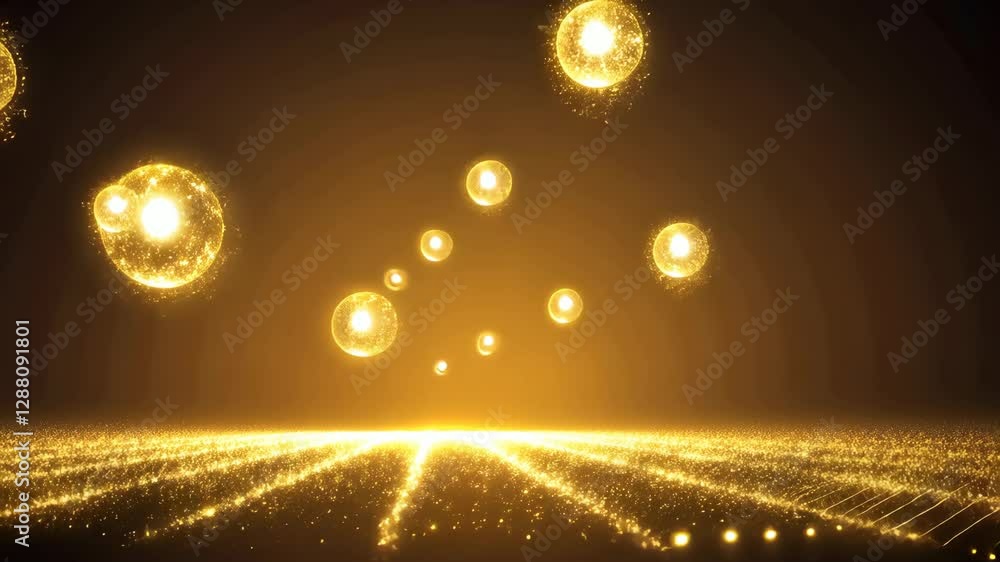 Poster a bright yellow light shines on a gold background. the light is scattered in many directions. the ba