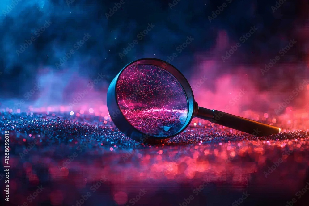 Poster internet search or data analysis is symbolized by a modern magnifying glass on a blue background wit