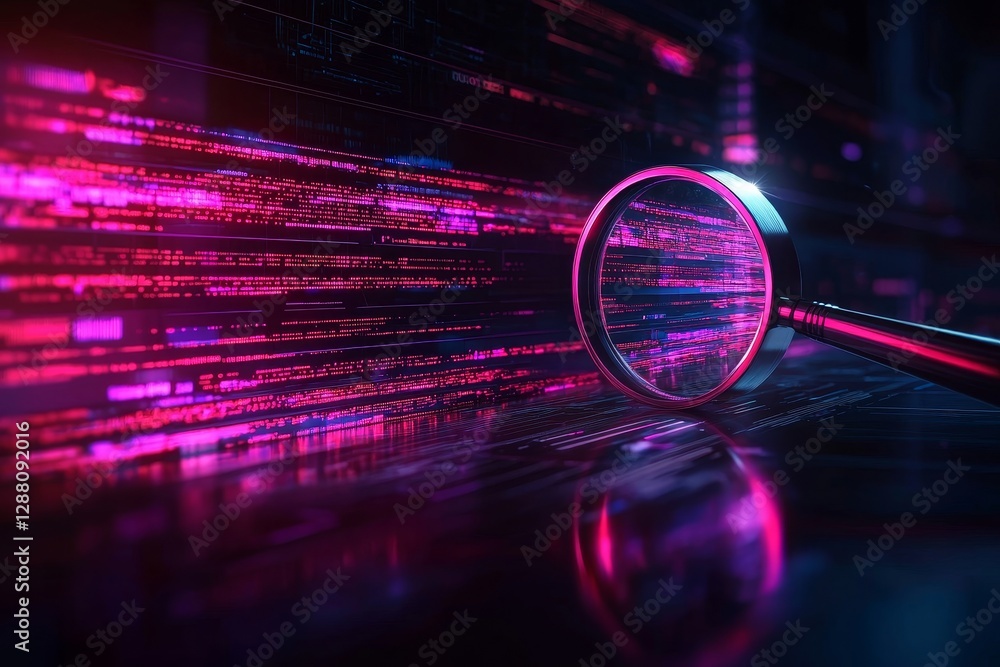 Poster concept of internet search or data analysis, represented by a modern magnifying glass on a blue back