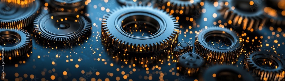 Poster a close-up view of metallic gears interspersed with shimmering particles, highlighting intricate des
