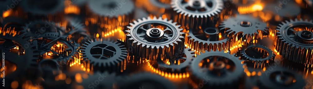 Poster a close-up view of interlocking metal gears, illuminated by a warm glow, showcasing intricate mechan