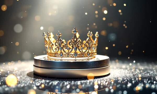 Golden crown on pedestal, sparkling background, royalty concept, website header