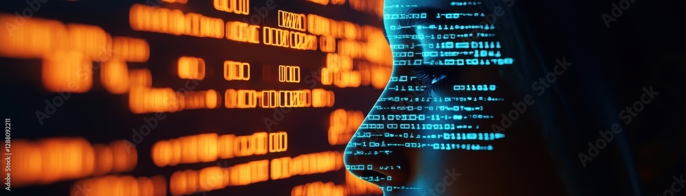 Poster the image features a silhouette of a person's profile with colorful digital code, symbolizing techno