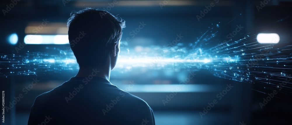 Poster a figure gazes into a stream of digital light, suggesting a deep connection between humanity and tec