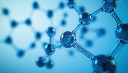 Abstract close-up of a molecule model.  The image showcases a complex structure of interconnected spheres, creating a sense of scientific intrigue.