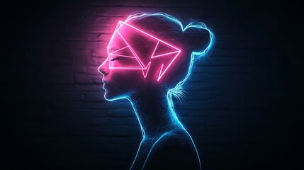 Woman's face is lit up in neon colors. The image is abstract and surreal, with the woman's face appearing to be made of paper. The colors and shapes create a sense of movement and energy