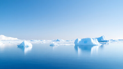 A serene blue background with icebergs floating in the water, creating an icy and cold atmosphere, Generative AI