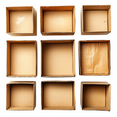 Fototapeta premium A grid of nine empty cardboard boxes arranged in a square pattern, showcasing their simple design and varying sizes, isolated on white background.