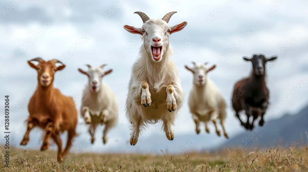 Poster group of goats are running and one of them is jumping. the goats are of different colors and sizes, 