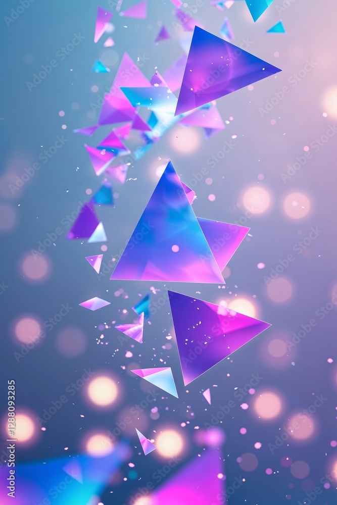 Poster dynamic geometric shapes create an ethereal atmosphere with vibrant colors and soft bokeh effects