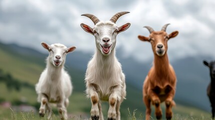 Fototapeta premium Three goats are standing in a field, with one of them being brown. The goats are all smiling and seem to be enjoying their time together