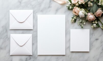 Wedding Invitation Mockup with Blank Cards and Envelopes on Marble Background