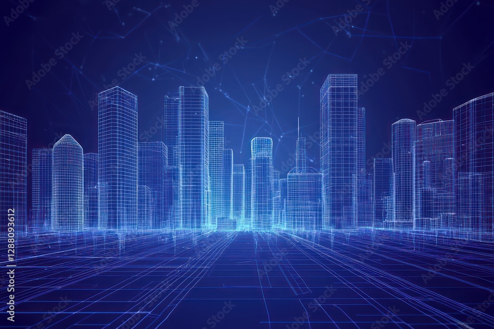 Poster digital display features a 3d wireframe of a futuristic city skyline.
