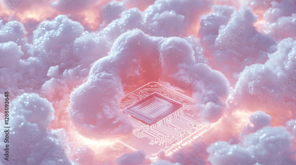 Poster an ai chipset on a cloud network, replete with upload and download icons, represents the fusion of t
