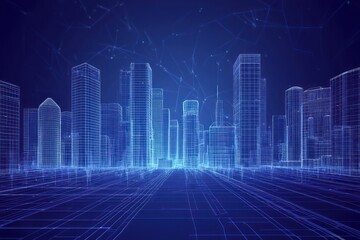 Fototapeta premium Digital display features a 3D wireframe of a futuristic city skyline.