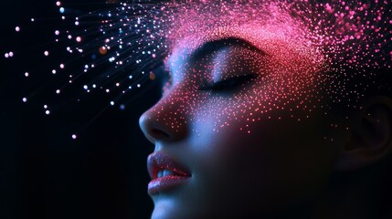 Woman's face is covered in a cloud of pink and purple lights. The image is abstract and surreal, with the woman's features obscured by the glowing particles. Scene is dreamy and ethereal