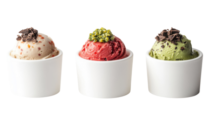 Colorful ice cream scoops served in small white cups during a warm summer afternoon