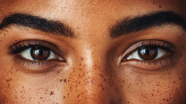 A close-up macro photograph shows a middle-aged woman of African descent from South America, with a solemn gaze, looking directly at the camera, her Hispanic and black heritage evident