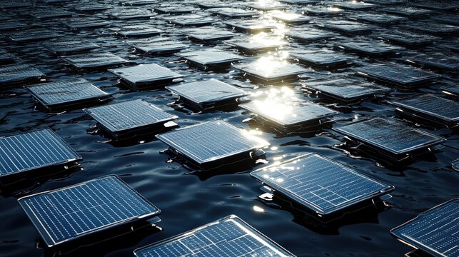 Floating Solar Panels on Water Surface with Reflections and Light