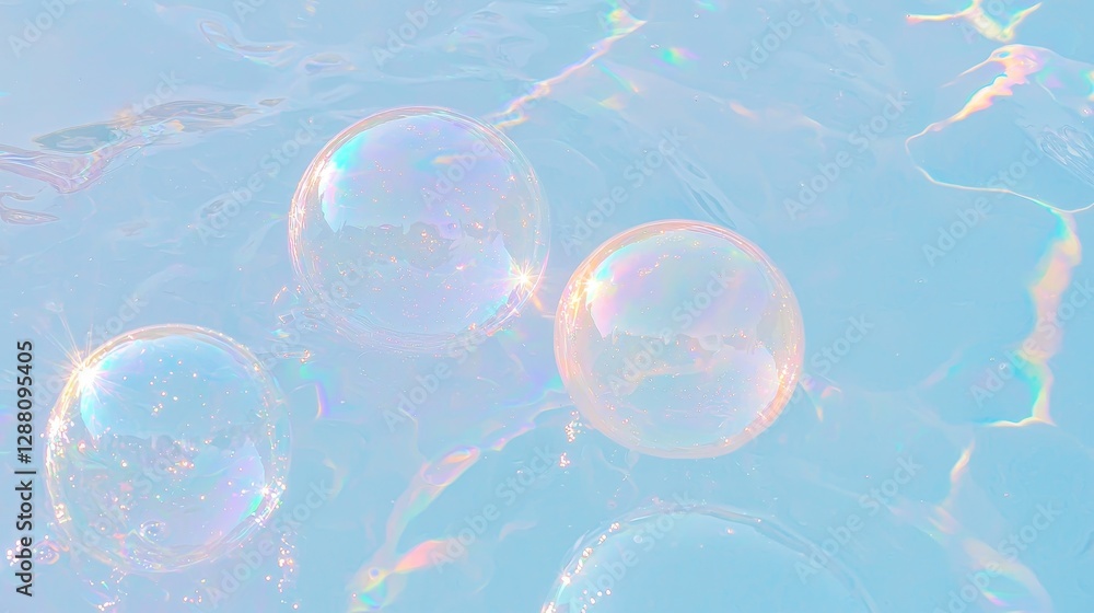 Poster in this stock image, a macro view highlights the color of soap bubbles through a multicolored transp