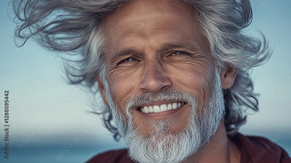 Poster man with a beard and gray hair is smiling and looking at the camera. he has a beard that is quite lo