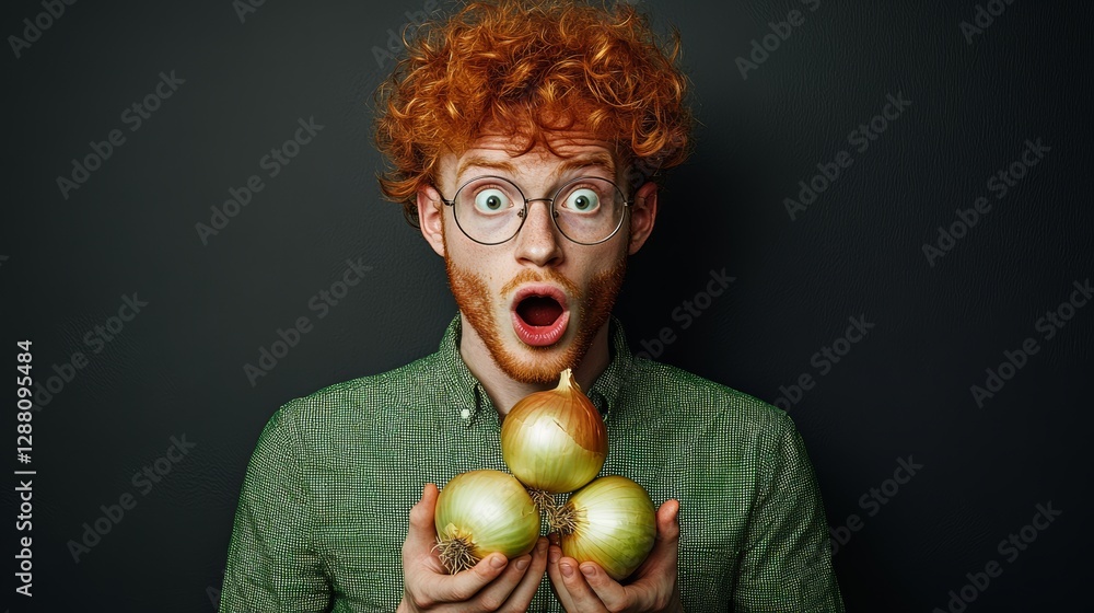 Poster man with red hair and glasses is holding three onions in his hands. he looks surprised and is holdin