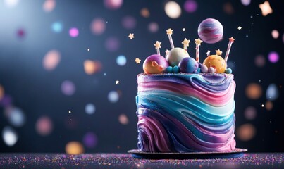 Colorful Galaxy-Themed Birthday Cake with Floating Decorations