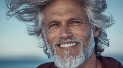 Man with a beard and gray hair is smiling and looking at the camera. He has a beard that is quite long and is blowing in the wind