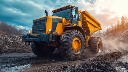 Fototapeta premium Yellow Dump Truck on Dirt Road, Mountain Background