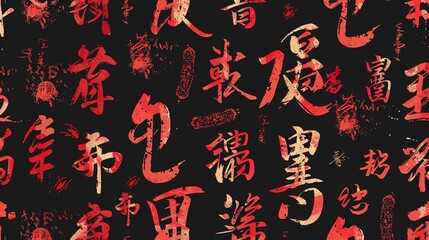 Chinese traditional calligraphy seamless pattern with asian hieroglyph symbols, artistic brush strokes, cultural heritage, vintage ink design, and oriental typography
