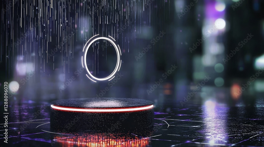 Poster developing a futuristic digital component for a presentation product featuring circular portals, tel