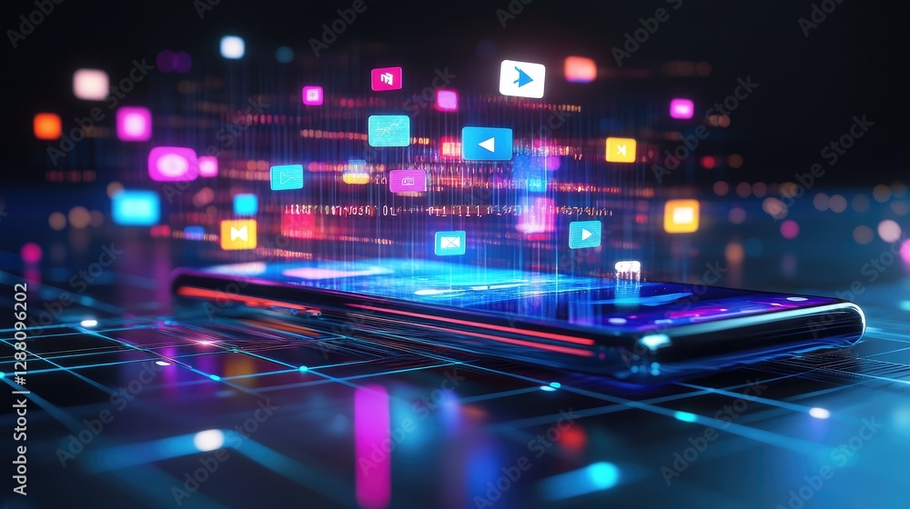 Poster futuristic digital connection, smartphone screen emitting d floating media app symbols and notificat