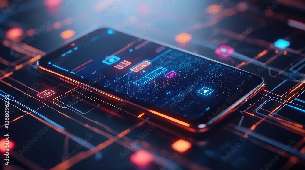 Poster futuristic digital connection, smartphone screen emitting d floating media app symbols and notificat