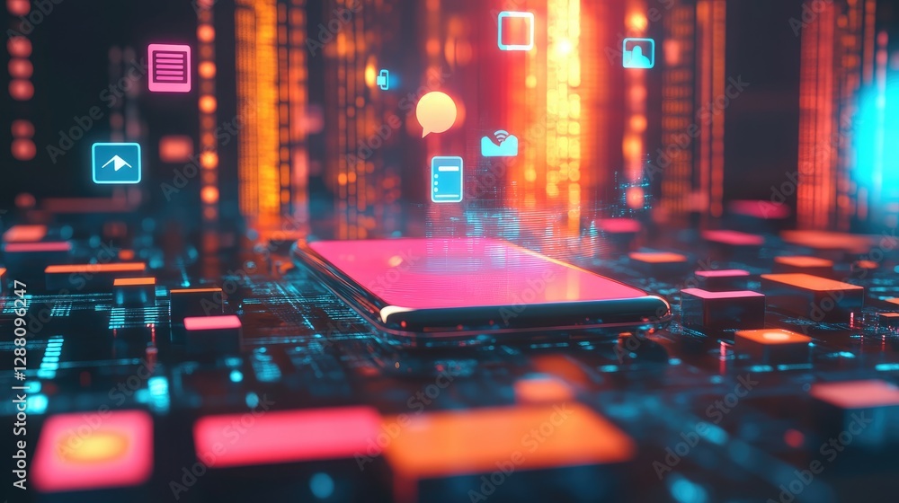 Poster futuristic digital connection, smartphone screen emitting d floating media app symbols and notificat