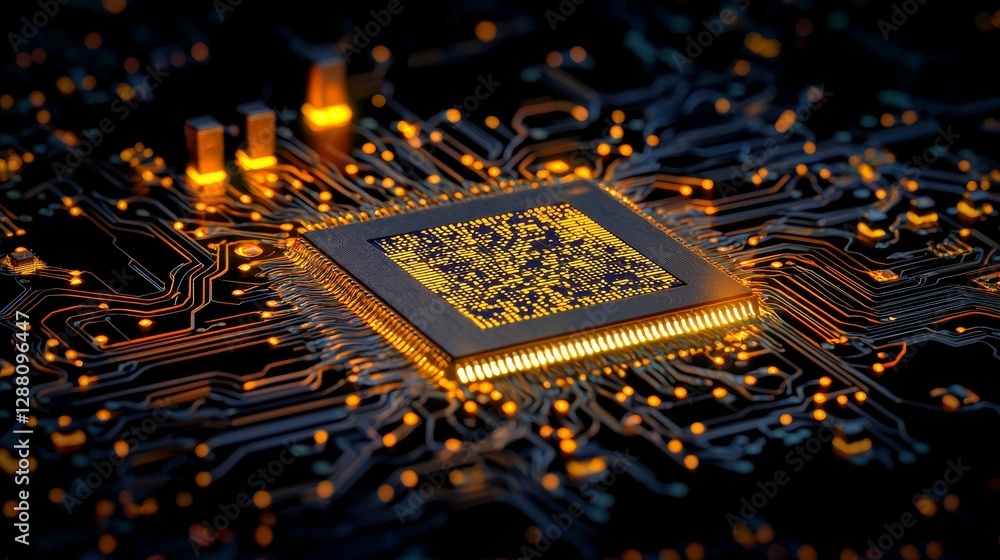 Poster background featuring a futuristic microchip with neon lights and trails