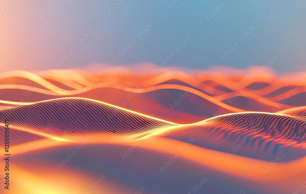 Poster the fantastic technology background features a unique 3d wave landscape with dots that are all conne