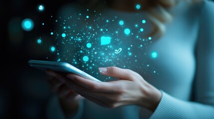 Futuristic technology concept featuring a woman's hand using a mobile phone, with floating digital social media bubbles