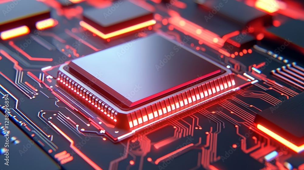 Poster an abstract representation of circuitry technology in electronic computer hardware, set against a ba