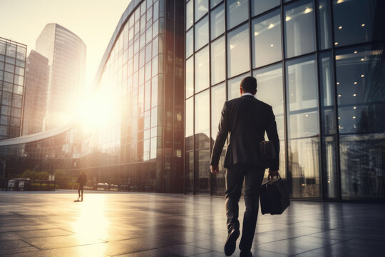 businessman walking near business center, back view - Powered by Adobe