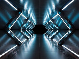 Naklejka premium A symmetric futuristic corridor illuminated with neon blue lights creating a striking visual impression