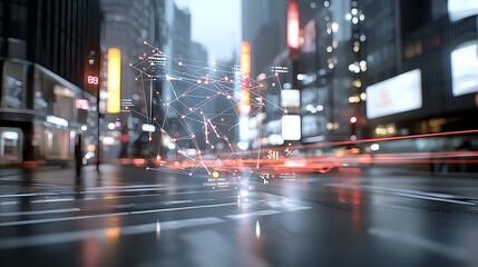 Abstract cityscape with digital network overlay, showcasing dynamic urban technology and futuristic connectivity.