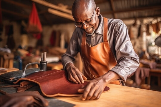 African male tailor leather-craftsman working with natural leather, processing cuts leather blanks